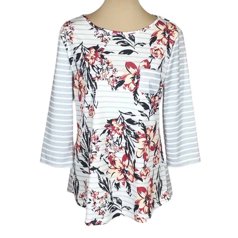 Gray Striped & Pink Floral 3/4 Length Sleeve Blouse, Women's Large